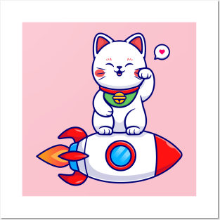 Cute Cat Maneki Neko On Rocket Cartoon Posters and Art